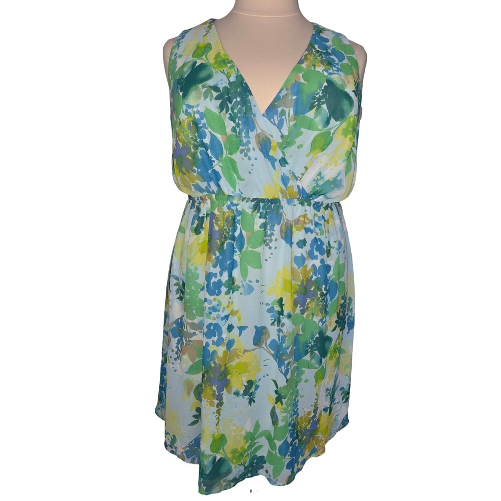 Lane Bryant Floral Watercolor V-Neck Sleeveless Dress Blue Green Yellow Size 22